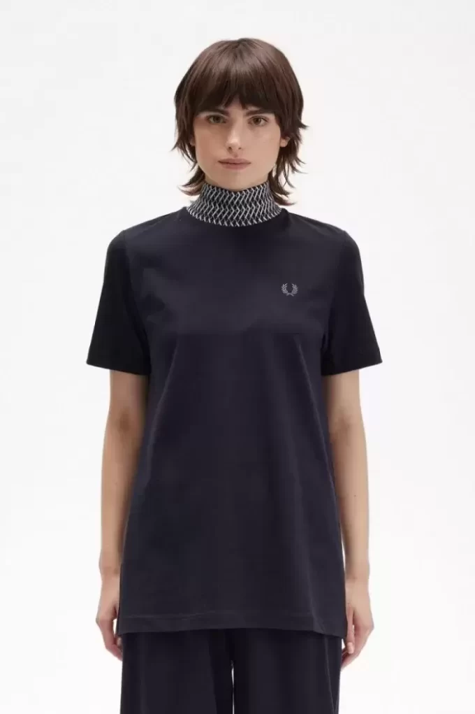 Camiseta de cuello alto con ribete de jacquard para mujer Camiseta de cuello alto con ribete de jacquard para mujer