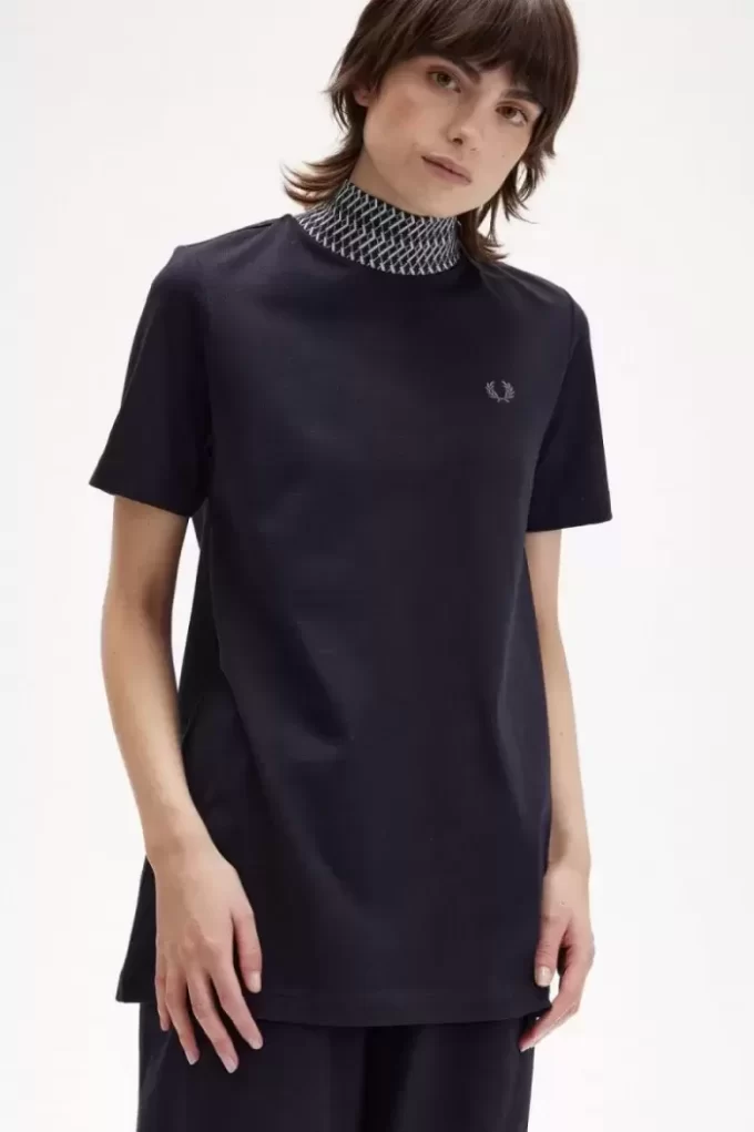 Camiseta de cuello alto con ribete de jacquard para mujer Camiseta de cuello alto con ribete de jacquard para mujer