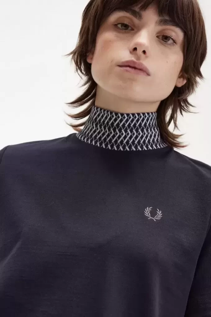 Camiseta de cuello alto con ribete de jacquard para mujer Camiseta de cuello alto con ribete de jacquard para mujer