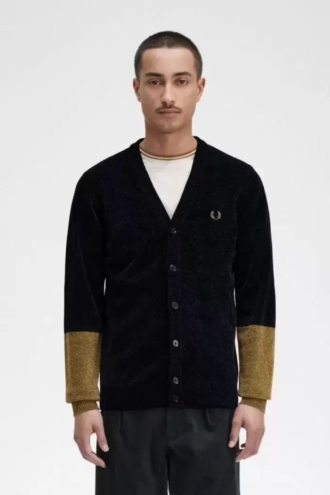 Cárdigan de chenilla con bloques de color para hombre Cárdigan de chenilla con bloques de color para hombre