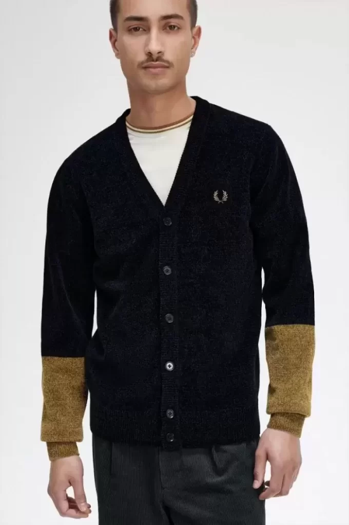 Cárdigan de chenilla con bloques de color para hombre Cárdigan de chenilla con bloques de color para hombre