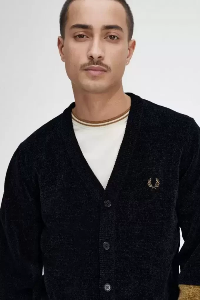 Cárdigan de chenilla con bloques de color para hombre Cárdigan de chenilla con bloques de color para hombre