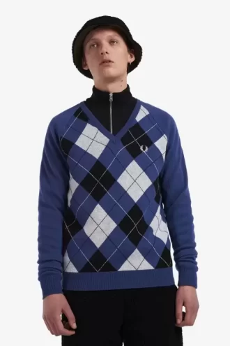 Jersey de lana de cordero con cuello en V y rombos para hombre
