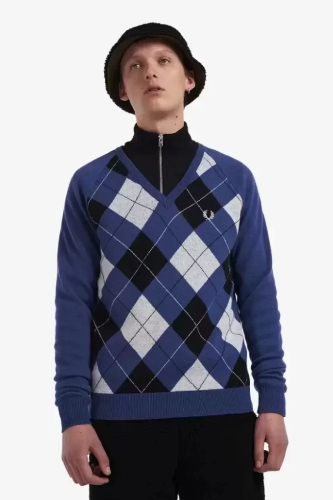 Jersey de lana de cordero con cuello en V y rombos para hombre Jersey de lana de cordero con cuello en V y rombos para hombre