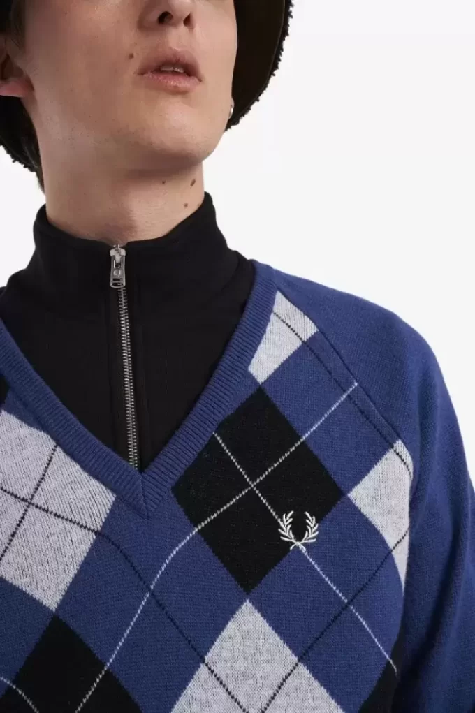 Jersey de lana de cordero con cuello en V y rombos para hombre Jersey de lana de cordero con cuello en V y rombos para hombre