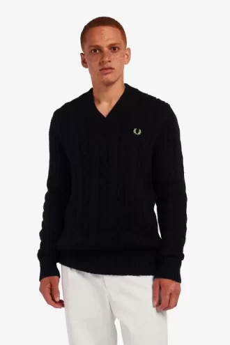 Jersey de punto trenzado con cuello en V para hombre Jersey de punto trenzado con cuello en V para hombre