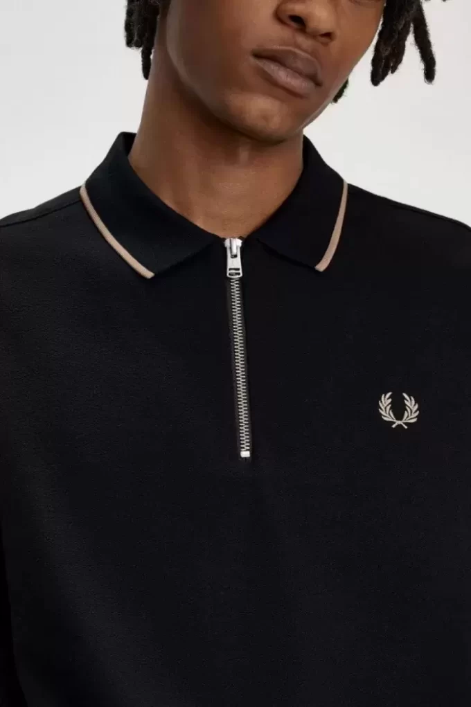 Polo de crepé piqué con cuello con cremallera para hombre Polo de crepé piqué con cuello con cremallera para hombre