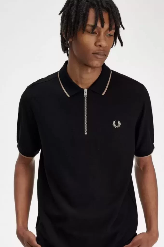 Polo de crepé piqué con cuello con cremallera para hombre Polo de crepé piqué con cuello con cremallera para hombre