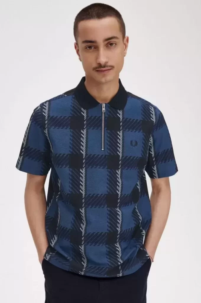 Polo de tartán con cuello con cremallera para hombre
