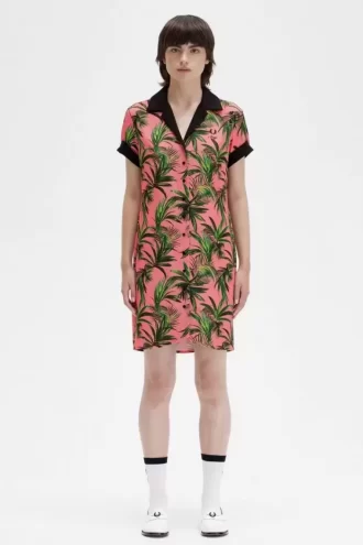 Vestido camisero con estampado de palmeras para mujer