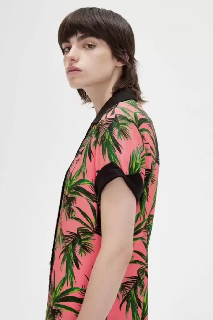 Vestido camisero con estampado de palmeras para mujer