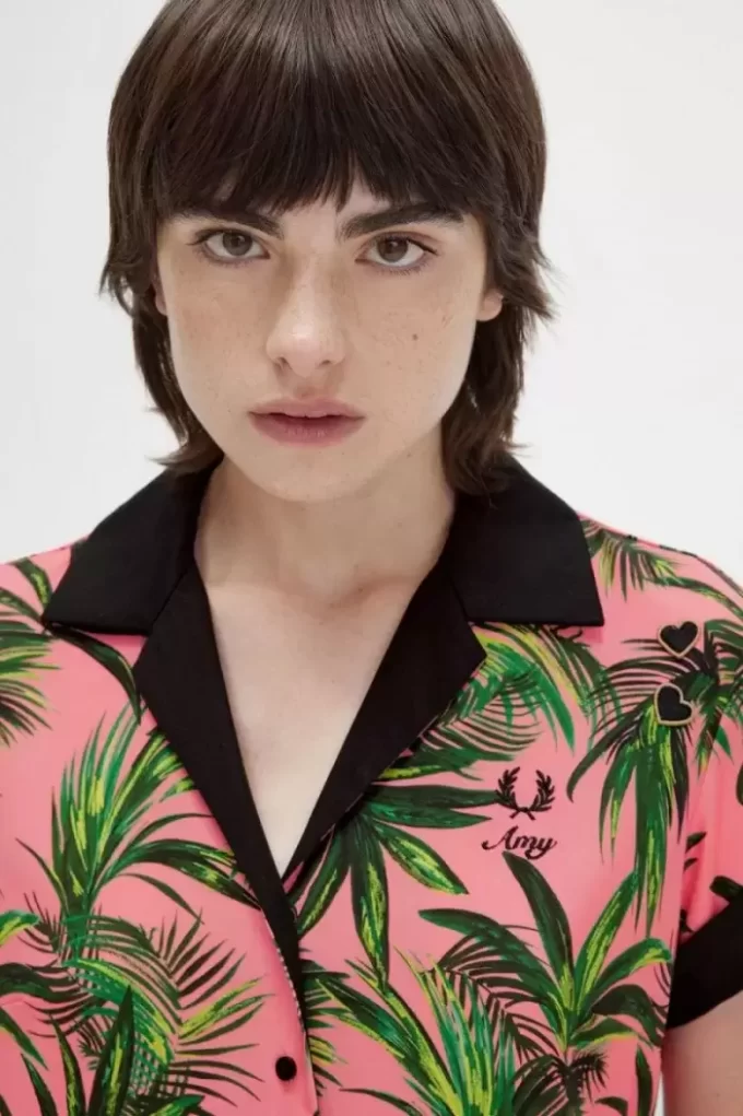 Vestido camisero con estampado de palmeras para mujer