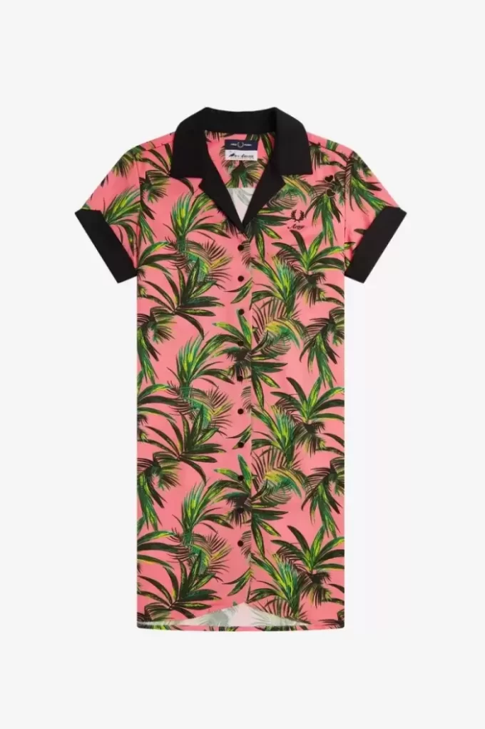Vestido camisero con estampado de palmeras para mujer